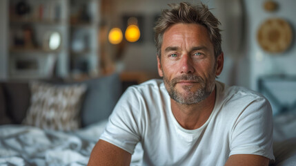 Fototapeta premium Mature man with a slight beard relaxing at home in a stylish bedroom. Perfect for themes related to lifestyle, mature adults living well, or modern masculinity.