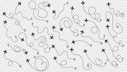 Travel concept from start point and dotted line tracing. Airplane or aeroplane routes path set. Aircraft tracking, plane path, travel, map pins, location pins. Vector illustration. Transparent bg.