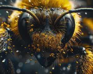 Extreme closeup of a bee s face, with its fuzzy head and intricate antennae, pollen particles visible on its features, emphasizing micro details