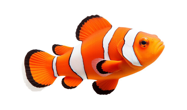 A vibrant clownfish with striking orange and white stripes, isolated on a transparent background. Generative AI 