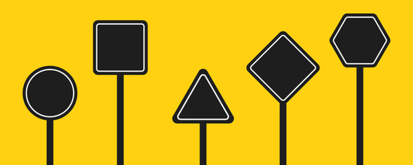 Set of round, square, rhombic, triangular and hexagonal black road signs. Vector illustration of icons for warning about the situation on the road. Yellow isolated background.