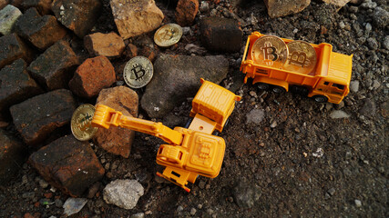 Cryptocurrency golden coins - Bitcoin lies on the background of a stone texture