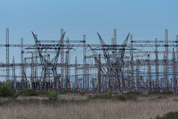 Hopefield, Western Cape, South Africa. 16. 04. 2024. Electrical power lines supplying electrcity for the national grid in S Africa.