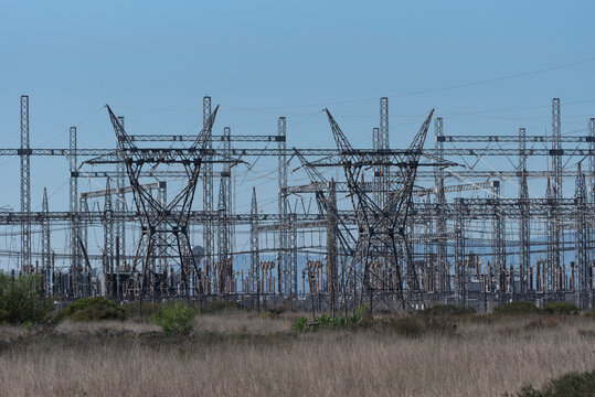 Hopefield, Western Cape, South Africa. 16. 04. 2024. Electrical power lines supplying electrcity for the national grid in S Africa.
