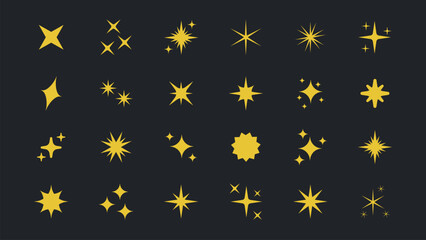 Retro futuristic bright vector yellow icons collection. Set of original star sparkle shapes. Abstract shine effect vector sign. Glowing light effect, twinkle templates stars and bursts, shiny flash.