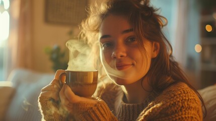 The picture of the person in the cozy indoor building, holding the cup of tea or hot drinks with a warm and comforting smile, the focus is on the soothing expression and steam rising from cup. AIG43. - obrazy, fototapety, plakaty
