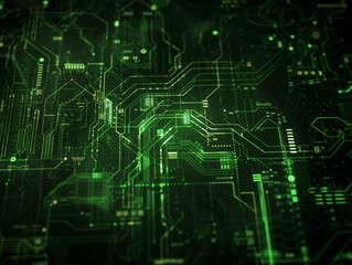 A green image of a circuit board with many small squares and lines