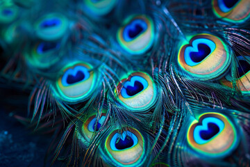 A vibrant and exotic background featuring a peacock feather pattern with rich blues and greens, highlighted by natural iridescence.