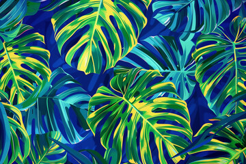 A vibrant and energetic background with an oversized tropical leaf pattern in bright greens and yellows on a deep blue background.