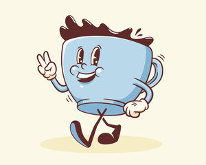 Groovy Coffee Mug Retro Character. Cartoon Food Paper Cup Walking and Smiling. Vector Fast Food Beverage Mascot Template. Happy Vintage Cool Illustration Isolated