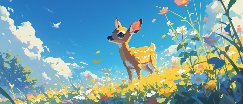 A deer fawn exploring a flower garden in a summer time