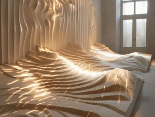 Artistic depiction in high-res of sand continuously flowing in an installation piece, highlighting the natural beauty and perpetual motion of the medium