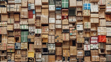 Many blank cardboard boxes stacked on top of each other, packaging concept for storage and shipping