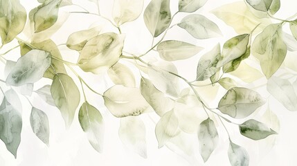 Artistic representation of airy, delicate foliage in watercolor, focusing on the gentle brush strokes and light hues, perfectly isolated against a white backdrop