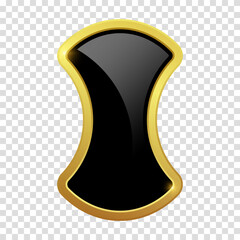 Black shield with glossy bright golden frame. VIP luxury logo design element. Vector clipart illustration. Transparent background.