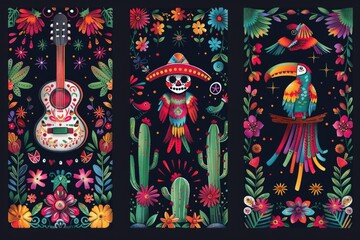 Obraz premium Colorful Mexican banners with bird and floral designs, perfect for festive decorations