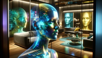 Close-up of a holographic self-portrait in a futuristic living space. The holograms show different facets. The room is decorated with paintings and a vase. Scene is futuristic and modern - obrazy, fototapety, plakaty