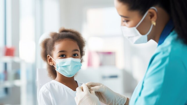nurse doctor with a child wearing mask, ai