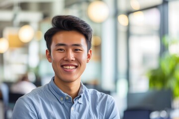 Positive Southeast Asian Businessperson with Blurred Office Space