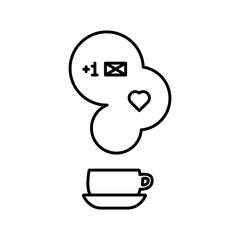 Coffee or tea hot cup icon with steam and new message notification symbol. Vector outline clipart.
