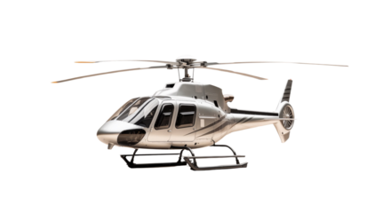 Luxurious private helicopter with gold and white livery, poised for takeoff on a clear day. Generative AI