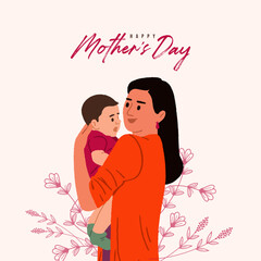 Happy Mother’s Day lettering with mother and child playing together vector illustration, Mother’s Daysocial media banner template.
