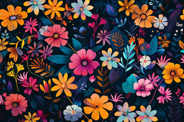 A whimsical background with an oversized floral pattern in bright and bold colors against a dark, dramatic backdrop.