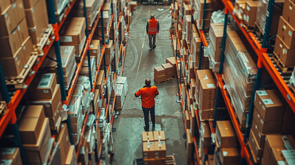 High perspective view of two workers in orange jackets walking down a narrow warehouse aisle, directing operations amid packed shelves.