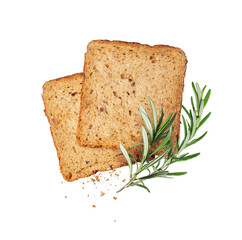 Two pieces of bread with rosemary branches isolated on a white background