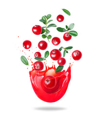 Ripe cranberries with leaves in splashes of juice on a white background