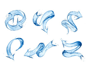 Set of various curved arrows made of water splashes isolated on a white background