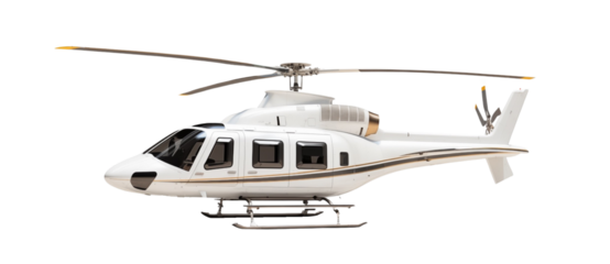 Luxurious private helicopter with gold and white livery, poised for takeoff on a clear day. Generative AI
