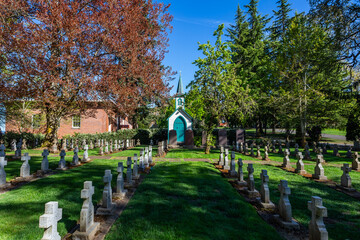 Grave crosses in the Abbey cemetery in Mount Angel, Oregon
