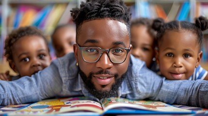 The teacher is presenting to a classroom of children, building knowledge and sharing educational insights.