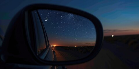 Fototapeta premium Night Sky Reflection in Car Side Mirror