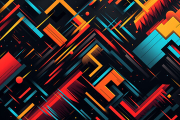 A dynamic composition of geometric shapes in vivid colors on a dark backdrop