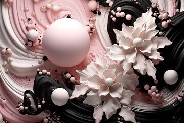 Digital artwork of swirling pink and black with white flowers and spheres