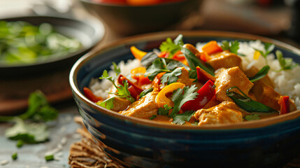 Thai curry bowl: a fragrant bowl of coconut milk-based curry with tender chicken or tofu, bell...