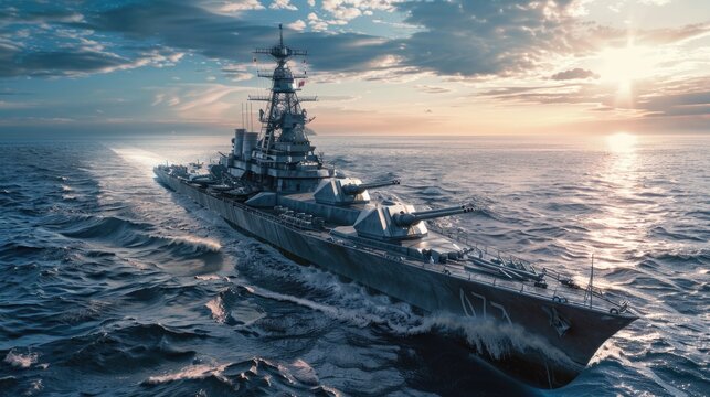 A powerful battleship sailing on the open sea. Perfect for military or nautical themed designs