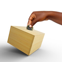 Black Hand putting two 2 Ghanaian cedi coin into wooden savings box isolated on transparent...