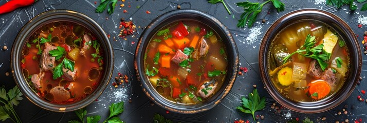 Cold Soup and Hot Meat Soups with Vegetables and Herbs, Okroshka, Beef Broth or Meat Bouillon n
