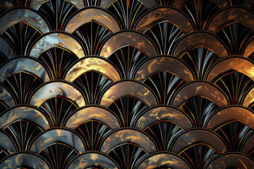 An art deco background with symmetrical fan patterns in glossy black and metallic gold, reminiscent of the roaring twenties.