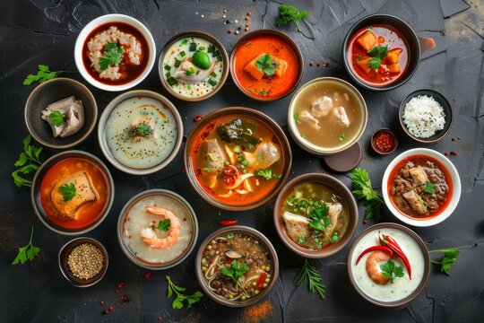 Asian Soups Set with Kespe Soup, Kullama or Beshbarmak, Fish Soup Bouillabaisse