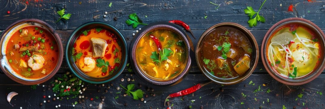 Asian Soups Set with Kespe Soup, Kullama or Beshbarmak, Fish Soup Bouillabaisse