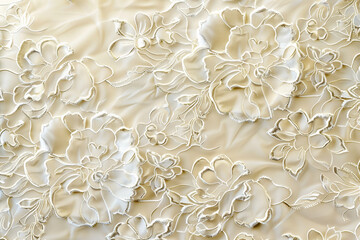An elegant background with a large, floral lace pattern embossed on a cream-colored base, ideal for a chic and romantic atmosphere.