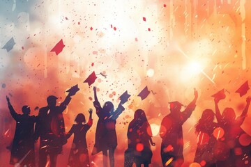 illustration of students celebrating their graduation, holding caps in the air with blurry backgrounds Generative AI