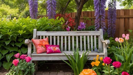 Wooden bench in the garden with tulips