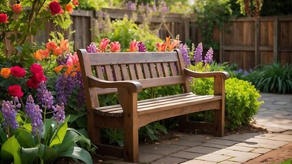 Wooden bench in the garden with tulips