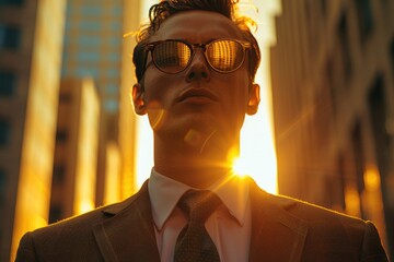 A corporate professional catches the sunlight as it sets, with an air of ambition and success