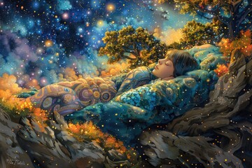 Artistic representation of a person sleeping in a dreamlike landscape with a vivid starry sky overhead